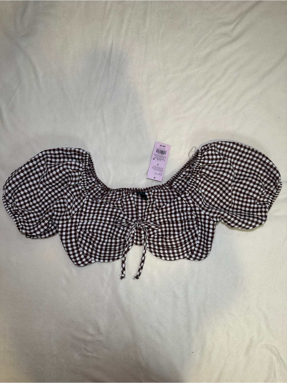 NWT Wild Fable Brown Gingham Puff Sleeve Tie Front Crop Top Size S